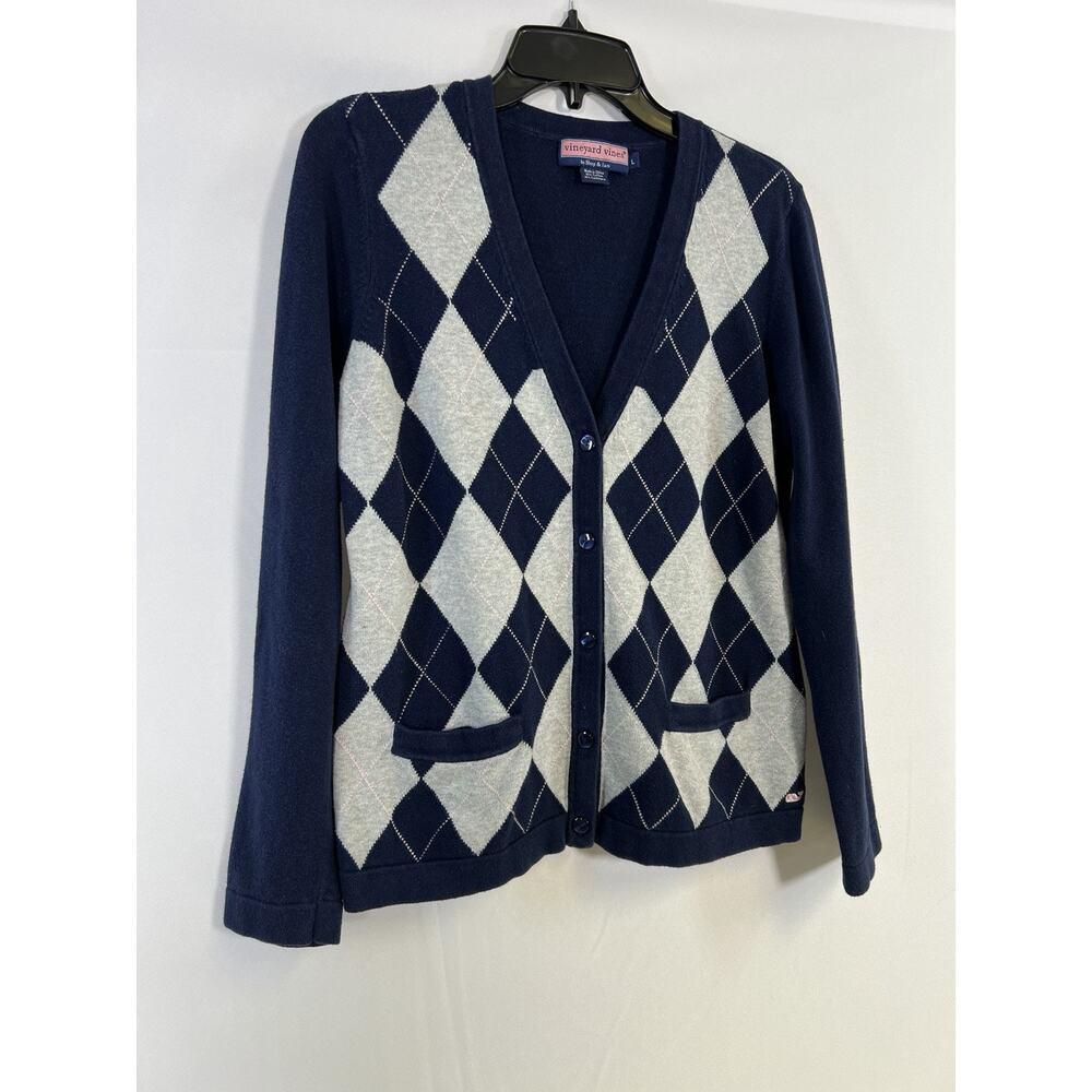 Vineyard Vines Argyle Cardigan Womens Sz L Navy Pink Gray Cashmere Cotton Preppy - Picture 2 of 8